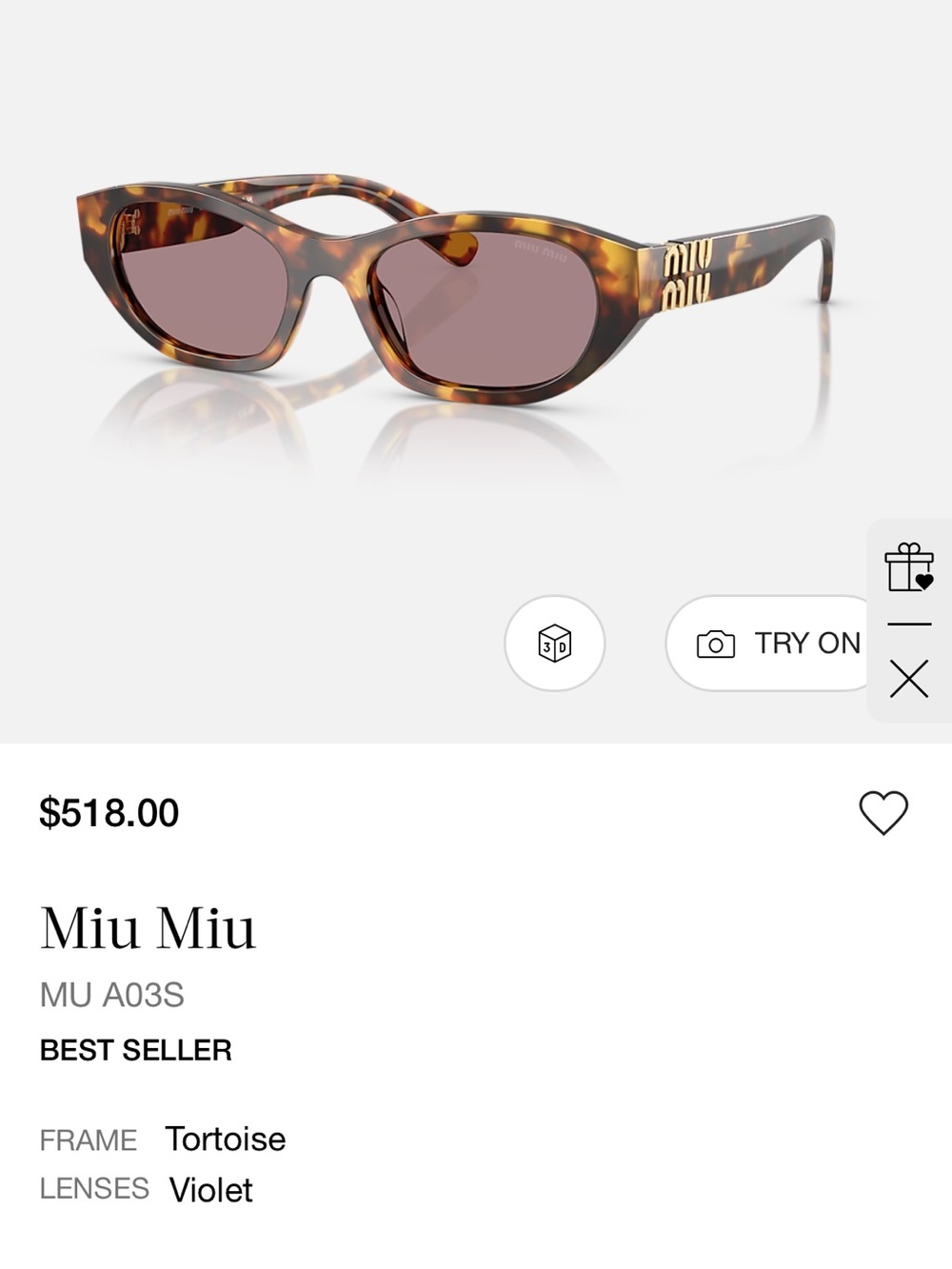 NWOT Best Selling Miu Miu A03S Tortoise Frame Sunglasses - Picture 8 of 10